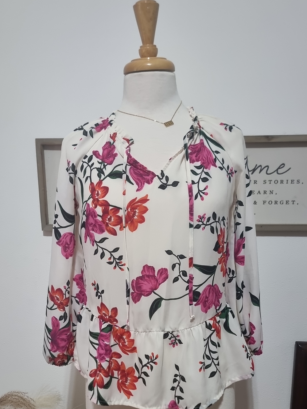 Old Navy Cream Blouse with Pink & Orange Floral Print